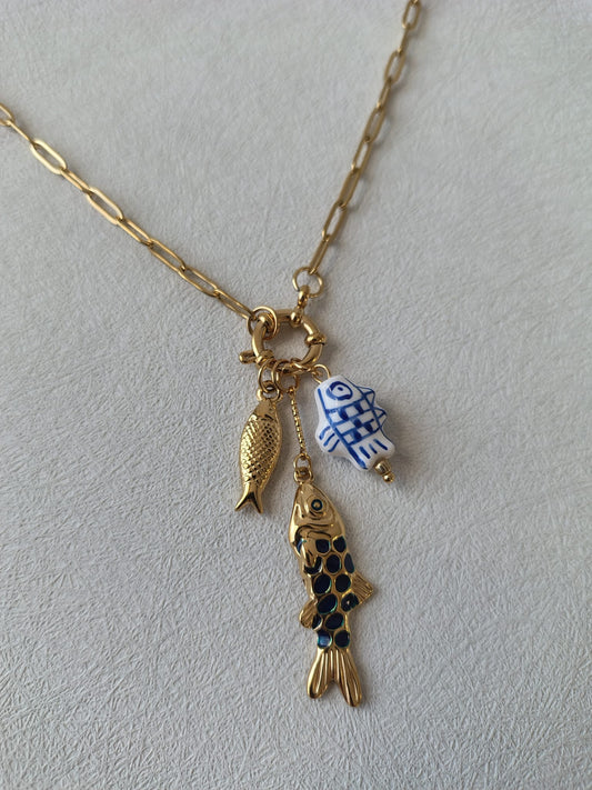 Gold Tone Paperclip Chain Multi Fish Charm Necklace