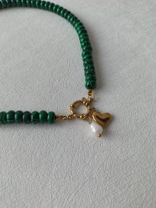 Malachite Stone Necklace with Freshwater Pearl and Heart Charm