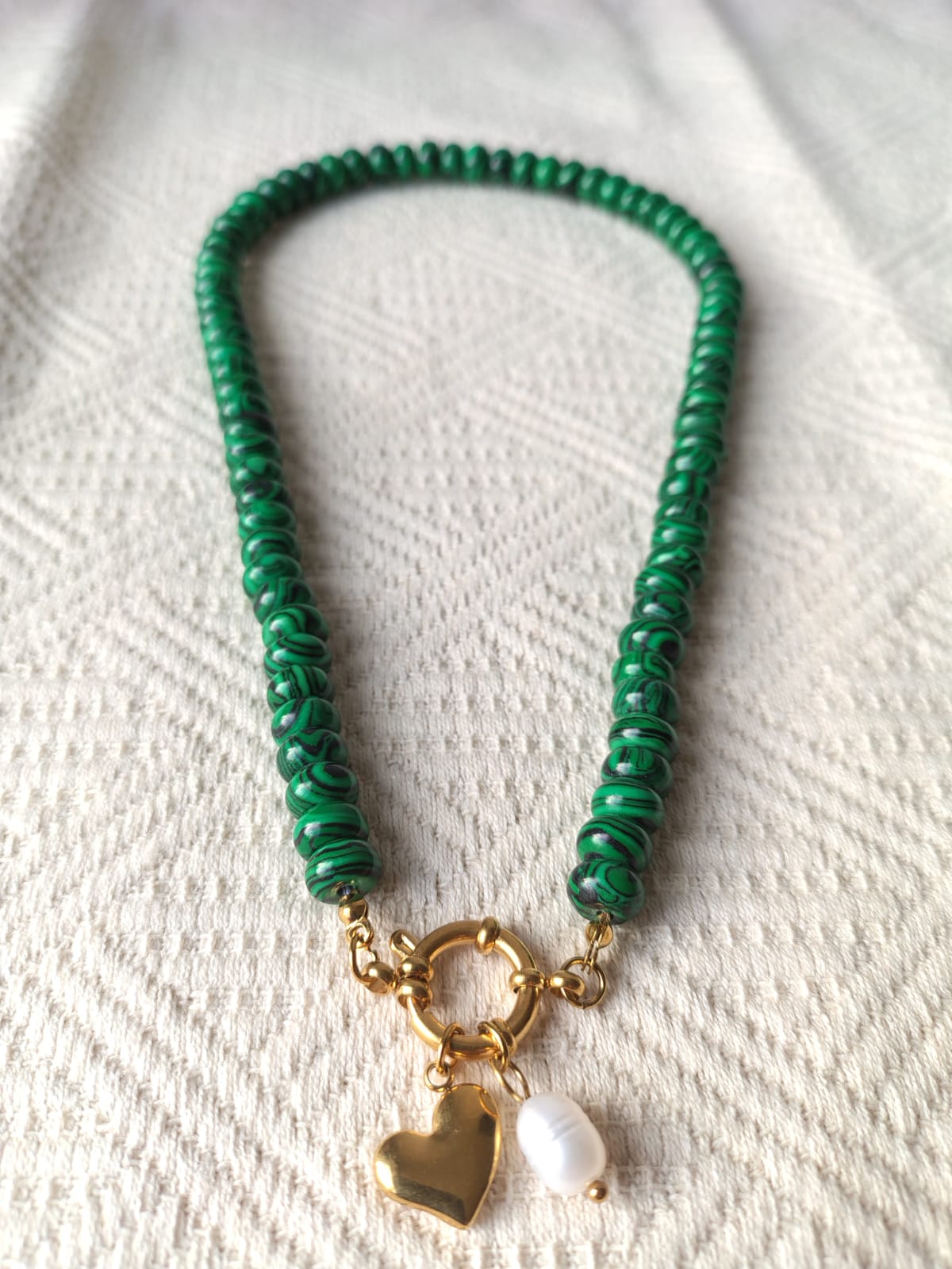 Malachite Stone Necklace with Freshwater Pearl and Heart Charm