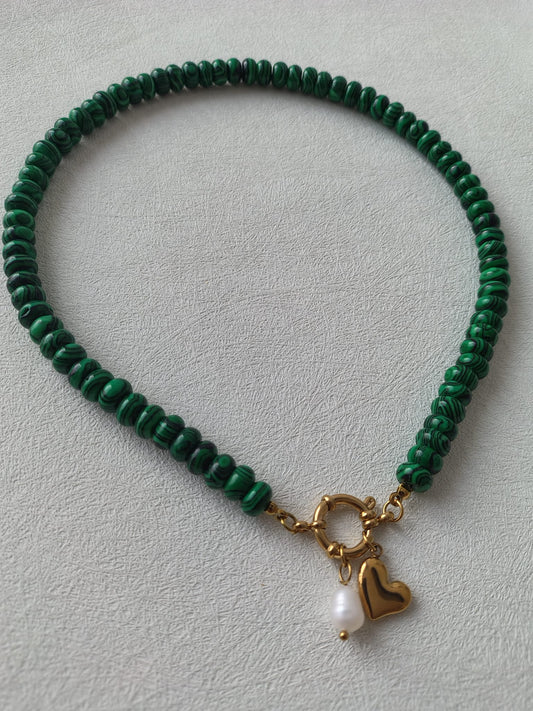 Malachite Stone Necklace with Freshwater Pearl and Heart Charm