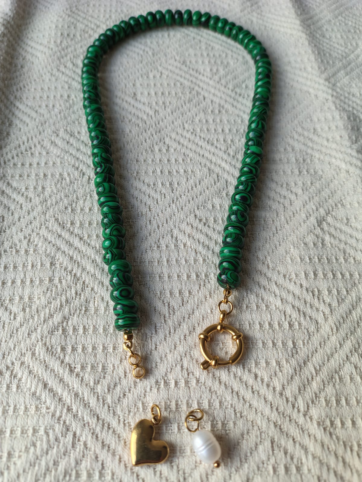 Malachite Stone Necklace with Freshwater Pearl and Heart Charm