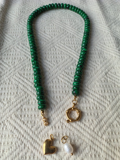 Malachite Stone Necklace with Freshwater Pearl and Heart Charm